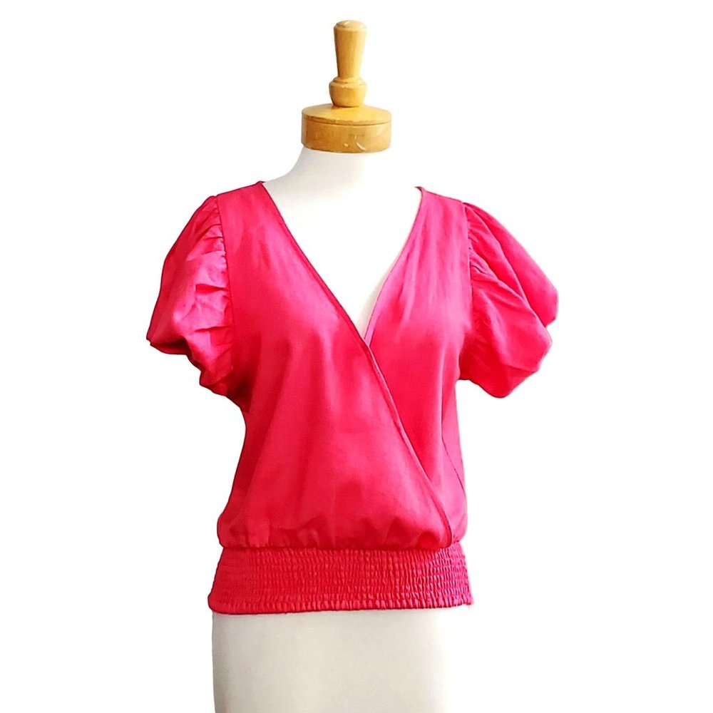 Marc New York NWT Linen Blouse Top Pink Puff Sleeves V-Neck Smocked Waist Sz M